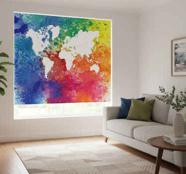 Cortina roller living comedor mapa mundi artístico colorido - TenVinilo