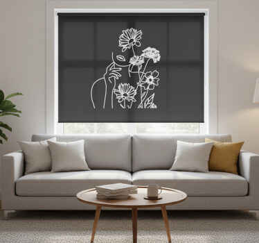 Cortina roller living comedor mujer y girasoles minimalista - TenVinilo