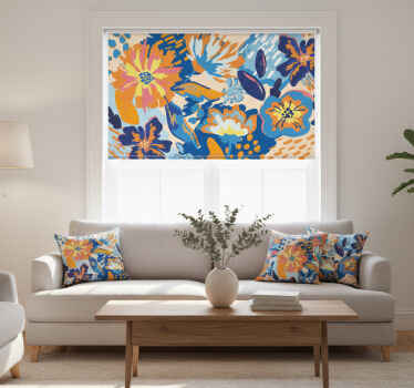 Rolgordijn woonkamer blauwe oranje bladeren - TenStickers