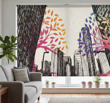 Rolgordijn woonkamer met seizoensbomen en wolkenkrabbers - TenStickers