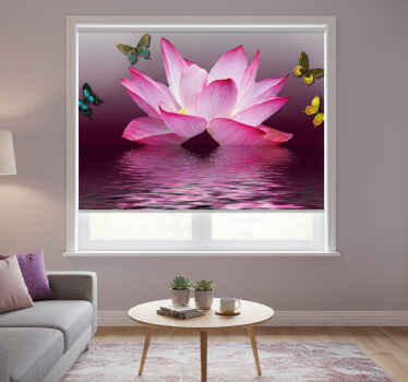 Rolgordijn woonkamer roze loto bloem met vlinders - TenStickers