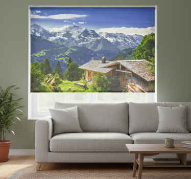 Rolgordijn woonkamer grindelwald sneeuwbergen en groen veld - TenStickers