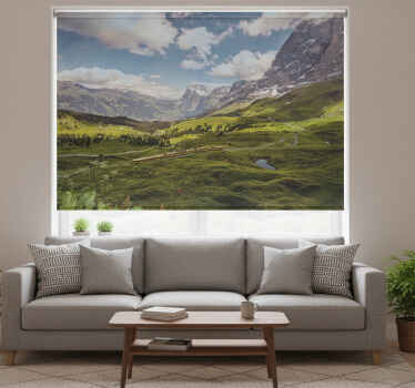 Rolgordijn woonkamer groene veld met bergen en trein - TenStickers