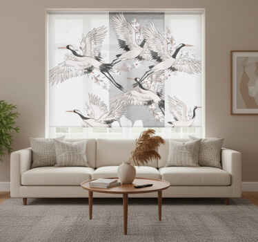 Estor enrollable salón rayas artísticas de aves orientales - TenVinilo