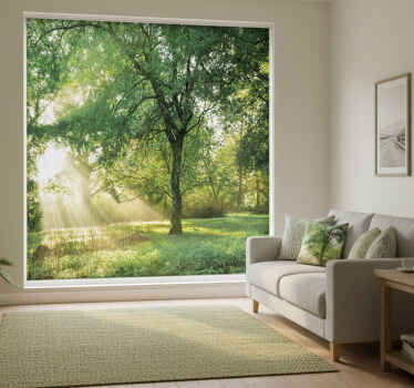 Rolgordijn woonkamer natuur groenachtig ochtendbos - TenStickers