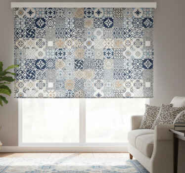 Beige roller blind with blue tile pattern - TenStickers