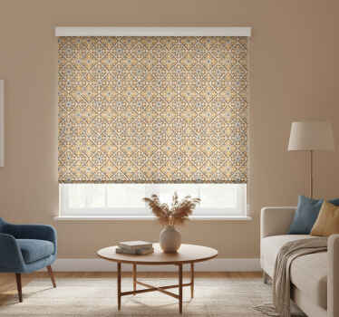 Estor enrollable beige con patrón barroco dorado y azul - TenVinilo