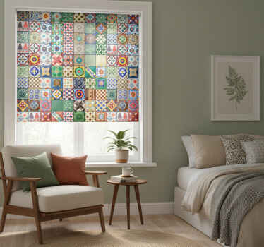 Estor enrollable habitación azulejos mexicanos verdes - TenVinilo