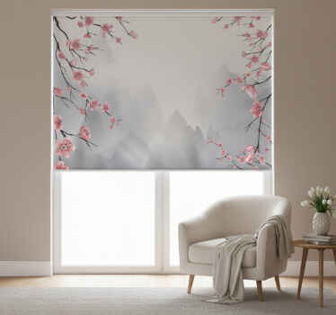 Estore de rolo cinzento flores de cerejeira e montanhas - TenStickers