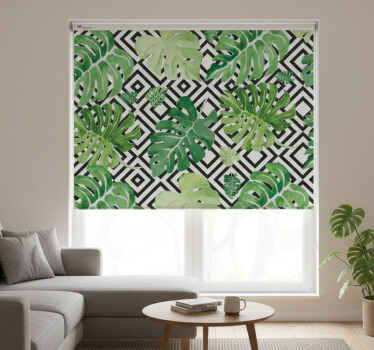 Living room blind with monstera leaves on geometric pattern - TenStickers