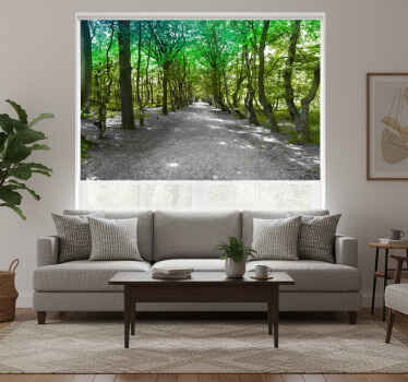 Living room roller blind sunny green forest road - TenStickers