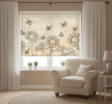 Beige roller blind with sunflowers and butterflies - TenStickers