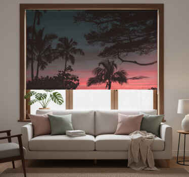 Living room blind trees pink sky sunset - TenStickers