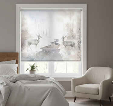 Estor enrollable blanco bosque artístico con alces blancos - TenVinilo