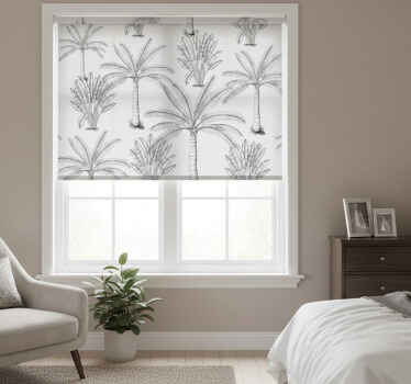 Cortina roller blanca diseño palmeras en blanco y negro - TenVinilo