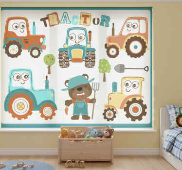 Toile fenêtre chambre enfant tracteurs souriants - TenStickers