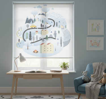 Toile fenêtre chambre enfant village gris avec montagnes - TenStickers