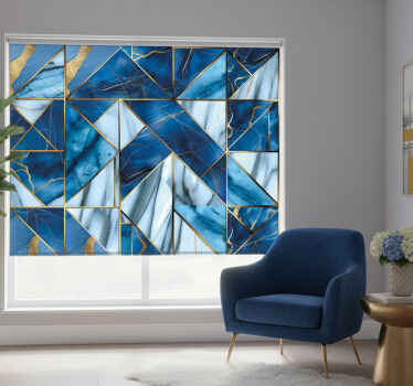 Cortina roller textura mármol azul geométrico y dorado - TenVinilo