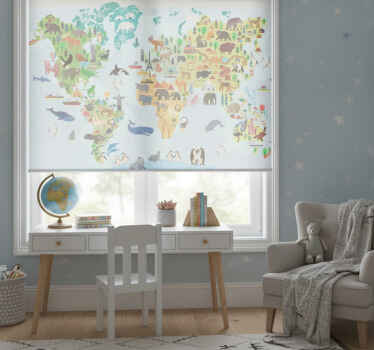 Rolgordijn wereldmap kind met monumenten en dieren - TenStickers