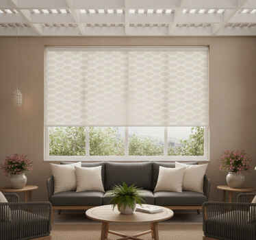 Cortina roller exterior beige con patrón de líneas blancas - TenVinilo