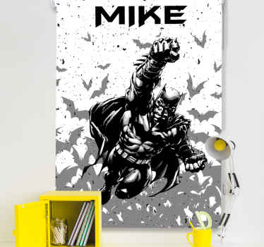 Herói da cortina de rolo geek de morcegos. Plano de fundo texturizado branco com morcegos cinza e super-heróis de um morcego detalhado. Texto personalizado em preto. Obtê-lo agora!