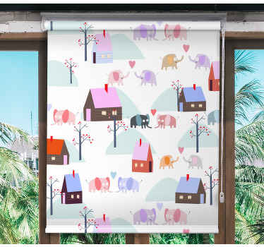 Elephants and houses children room roller blind - TenStickers