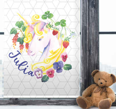 Floral unicorn with name children room roller blind - TenStickers