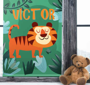Happy tiger with name children room roller blind - TenStickers