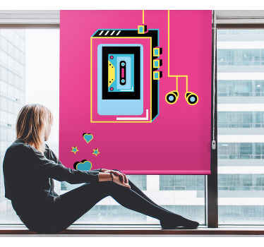 Ilustração do walkman outro cego. Fundo rosa com leitor de música colorido estilo retro que ficará muito bem. Imediatismo.