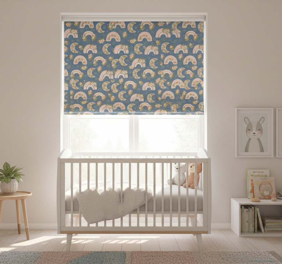 Rolgordijn kinderkamer met lentebloemen en regenboog