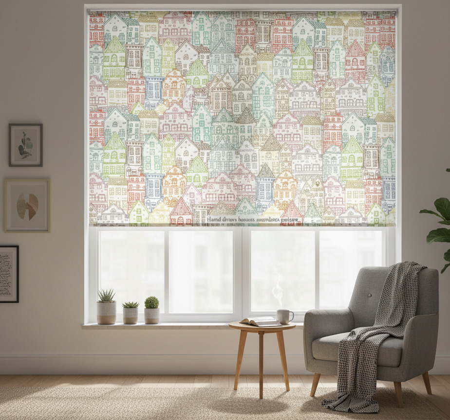 Moderne raambekleding handgetekende huizen patroon