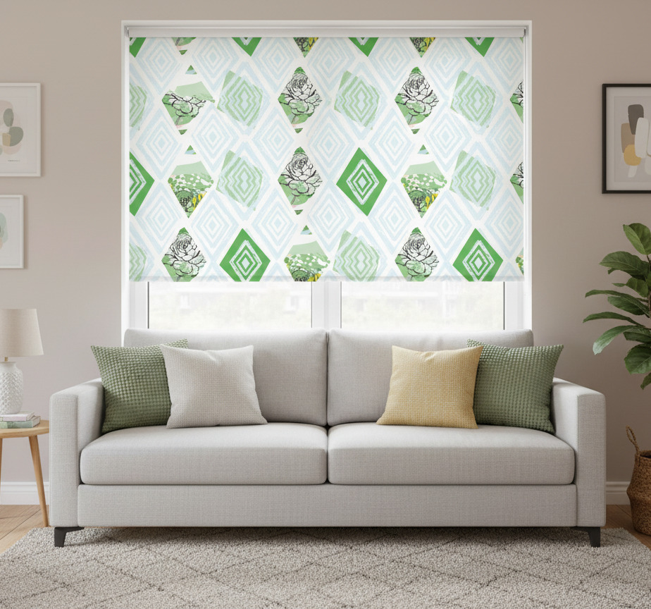 Rolgordijn woonkamer abstract geometrische lentebloemen