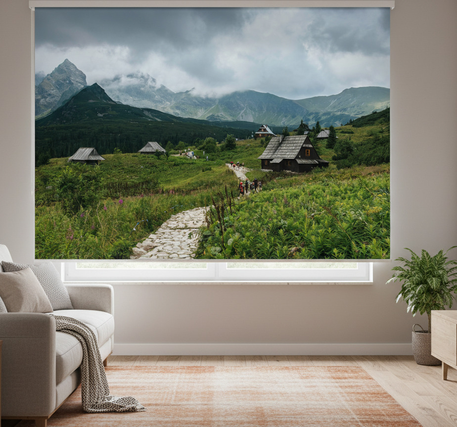 Rolgordijn groen houten huizen in tatra bergen