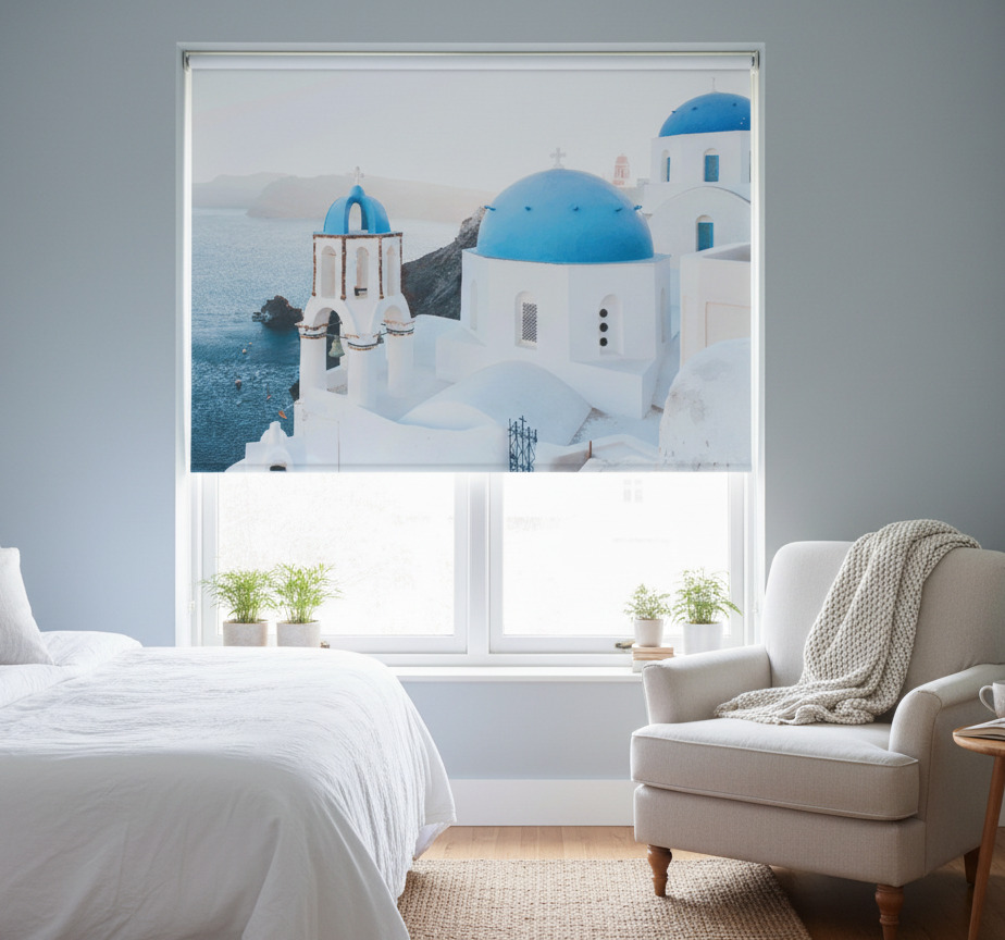 Raambekleding slaapkamer santorini witte en blauwe huizen