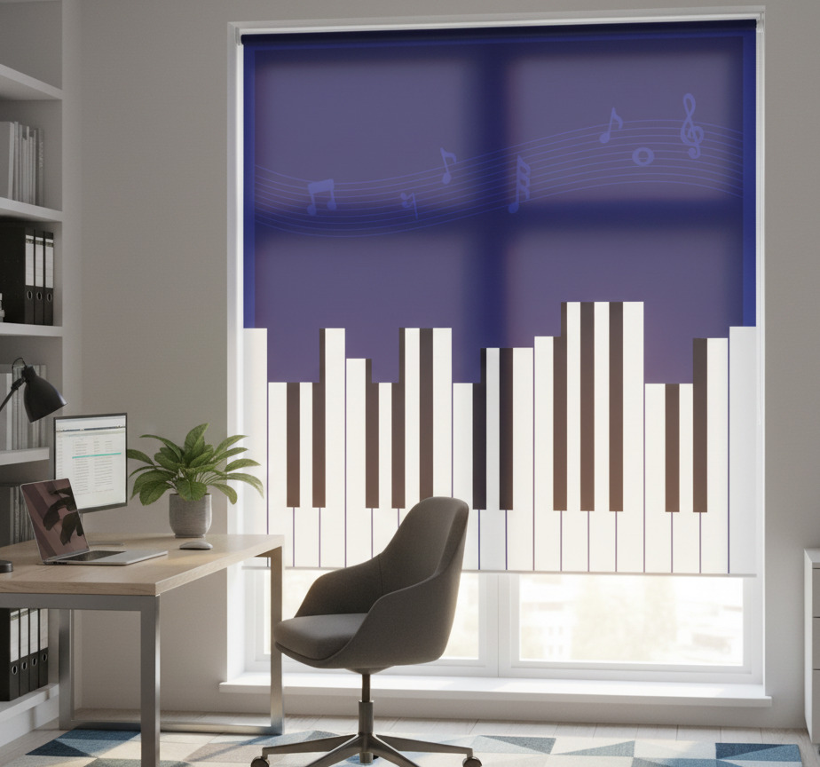 Rolgordijn kantoor met pianobehang