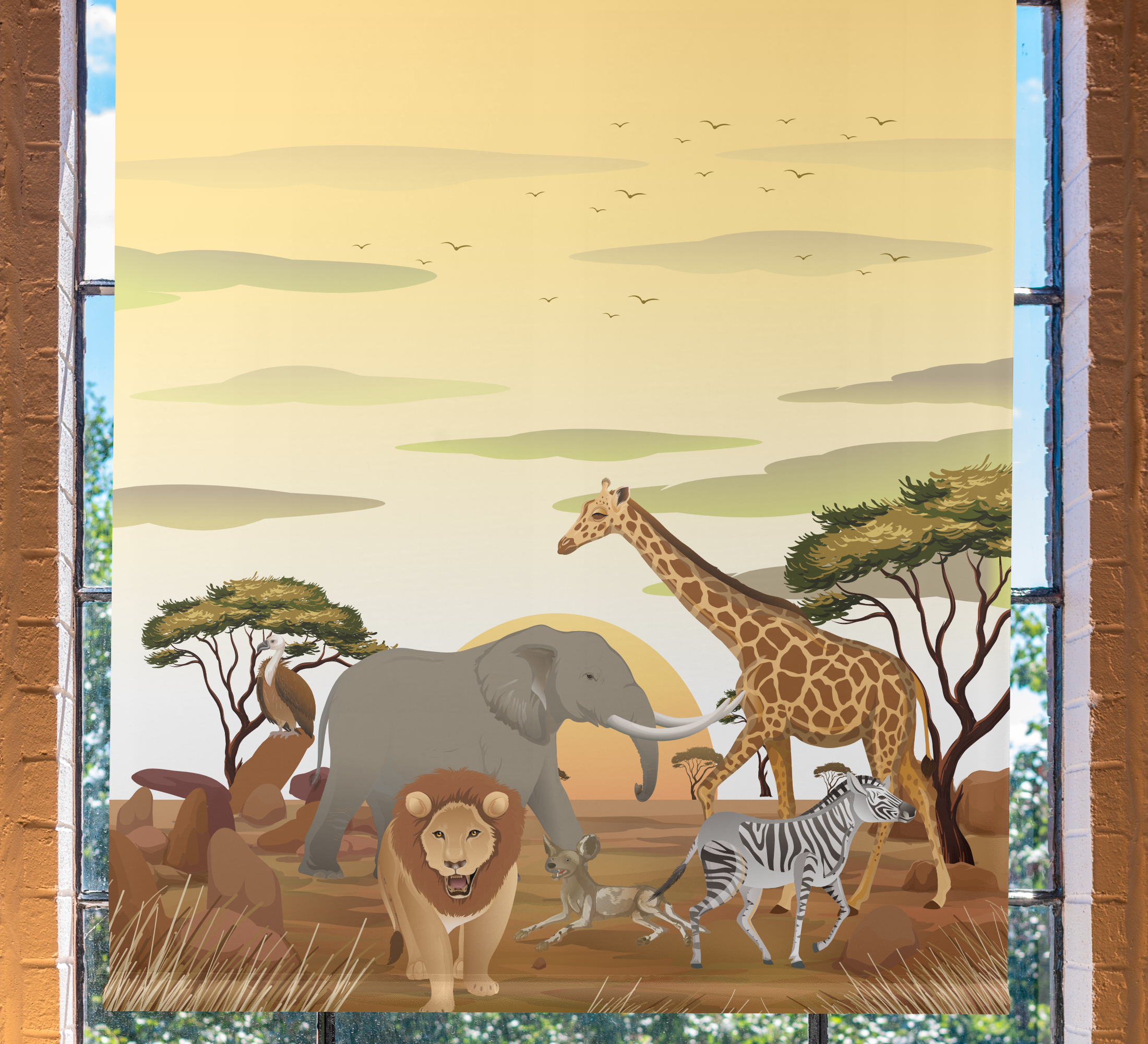 Tenstickers Dieren rolgordijnen Afrikaans tekenfilmlandschap