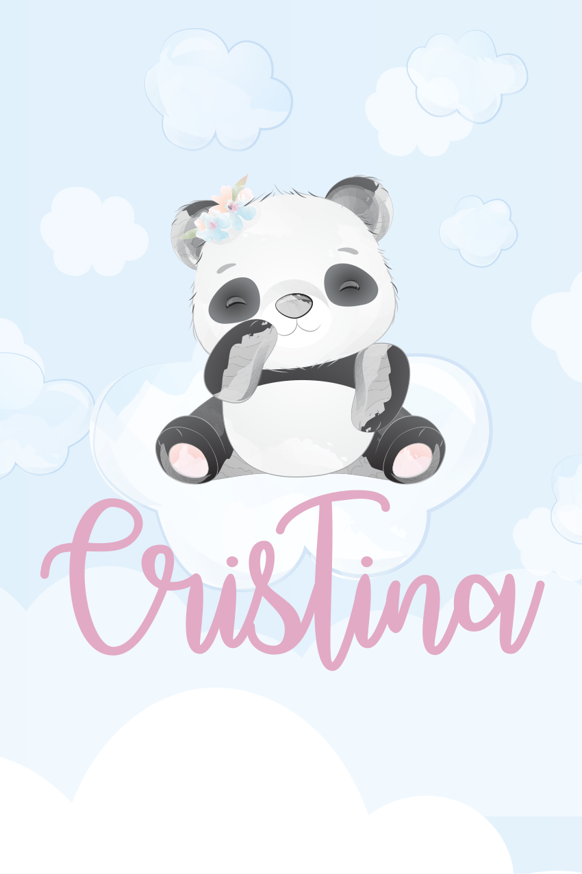 Cortina roller infantil bebé panda sentado con nombre