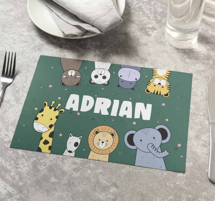 Animal cartoons with name Personalised table mats - TenStickers