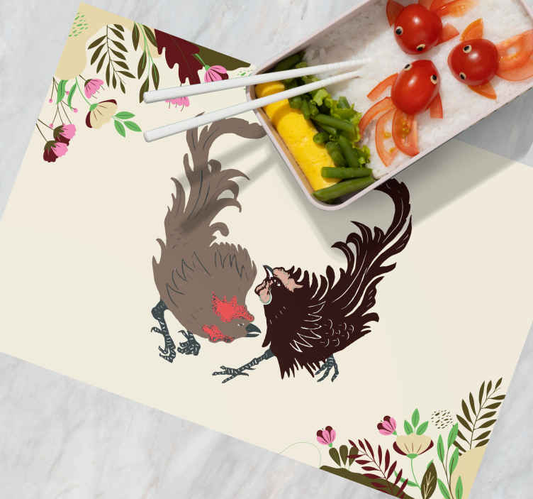 Two roosters with leaves and flowers original vinyl placemats TenStickers