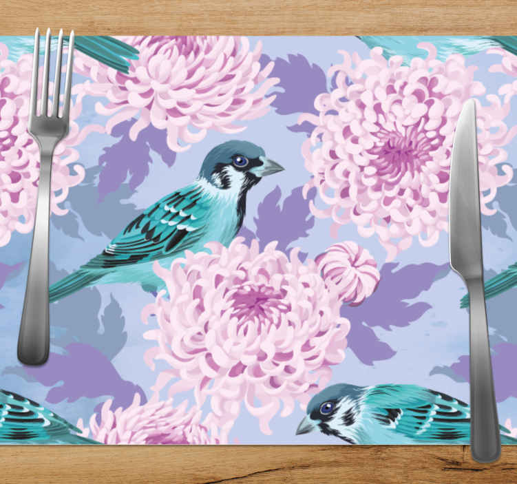 Tovaglietta colazione elegante Fiori da giardino rosa con uccelli