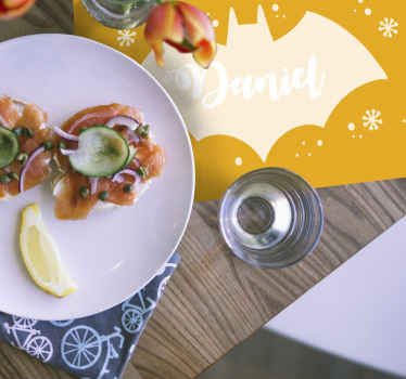 This stunning Halloween placemat design features a white bat on an orange background surrounded by snowflakes. Anti-bubble vinyl.