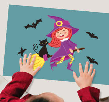 Bruxa voando com individuais de mesa de halloween de gato preto - TenStickers