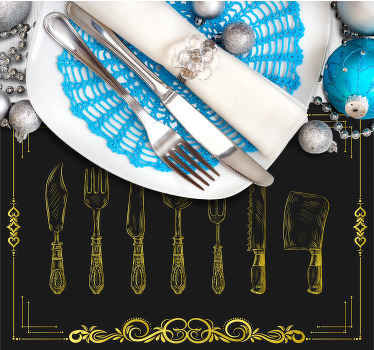 复古金色餐具黑色背景垫子 - TenStickers