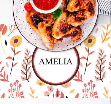 Fargerike blomster over en hvit bakgrunn spisebrikke med navn - Tenstickers