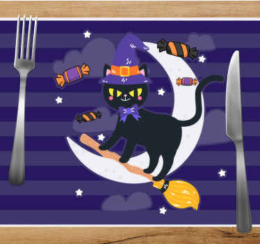 Söt katt på en kvast halloween bordstabletter - Tenstickers
