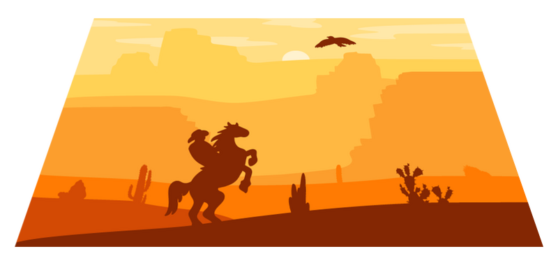 Individuais de mesa em vinil infantis Paisagem de cowboy TenStickers. Individuais de mesa em vinil infantis Paisagem de cowboy. Cowboy paisagem crianças individuais de mesa para desfrutar de uma refeição em uma mesa de jantar. Um projeto caracterizado com o horizonte do deserto e um vaqueiro montado em um cavalo.