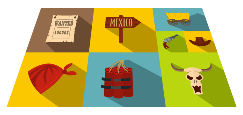 Individuais de mesa infantis Estilo cowboy tiles TenStickers. Individuais de mesa infantis Estilo cowboy tiles. Bonito individuais de mesa de vinil caseiro feito em estilo ladrilho com diferentes elementos que identificam um cowboy como uma carroça, cabeça de touro, chapéu e um aviso de procura