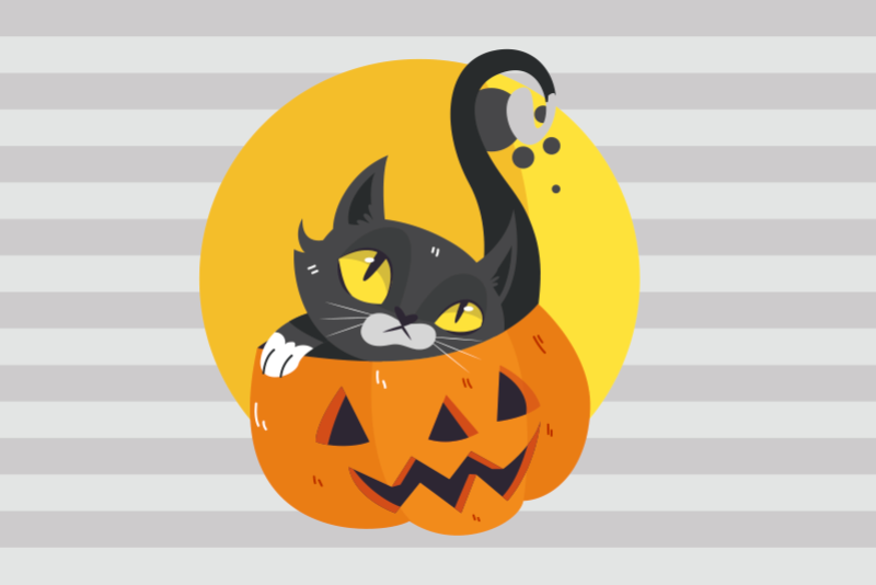 Jogo de tabuleiro infantil recortado e colado com um gato preto fofo na  abóbora de halloween