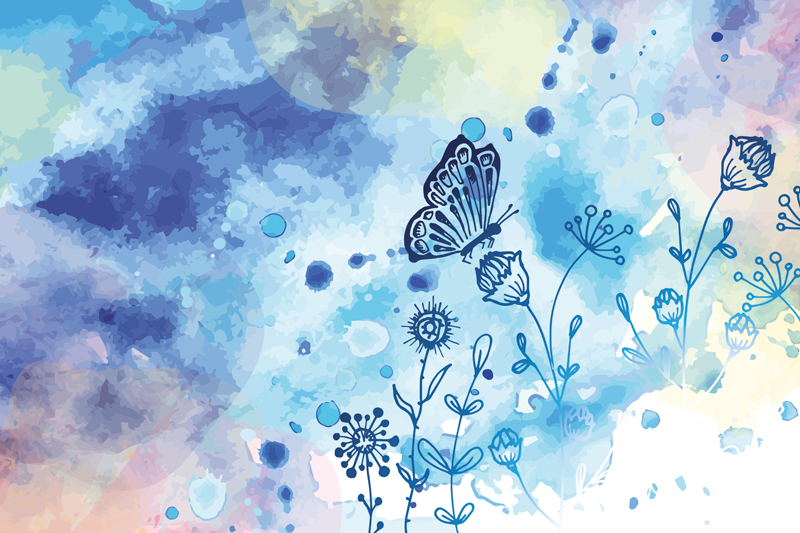 Sticker Mural Fleur Fleurs aquarelles bleues avec des papillons -  TenStickers