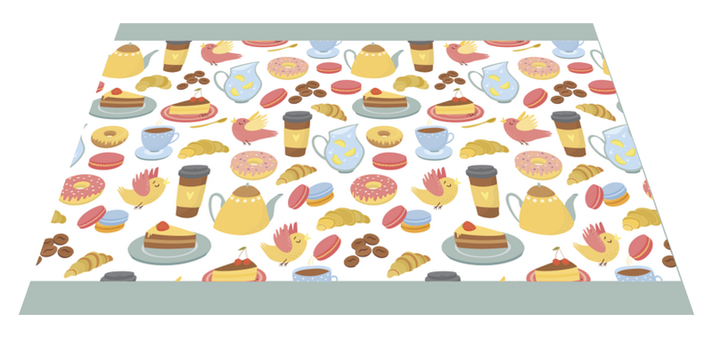 Individuais de mesa em vinil modernos Bolo de café e pássaros TenStickers. Individuais de mesa em vinil modernos Bolo de café e pássaros. Bolo de café e individuais de mesa modernos. Fundo branco com motivos de café, pássaros e bolos em cores diferentes. Envio imediato!